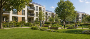 Beispiel-Wohnanlage mit Solar-Panels, Hochbeete und Gemeinschaft