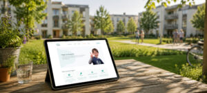 Beispiel-Wohnanlage - Tisch im Vordergrund mit Tablet mit Webseite darauf.